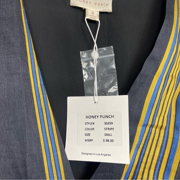 Honey Punch Linen Black Striped Ruffled Mini Wrap Dress Puff Sleeve NWT Boho S - Picture 15 of 16